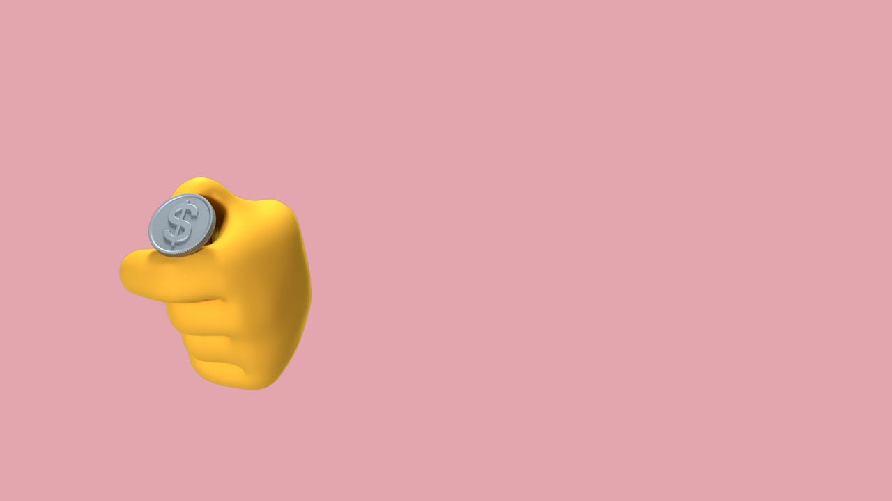 3D illustration of a hand flipping a coin on a pink background, ideal for finance and decision-making concepts.